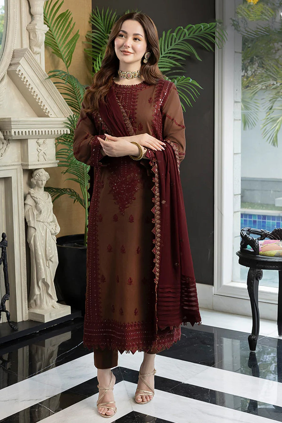 Lawn Embroidered Shirt with Sitari Work Lawn Embroidered Sleeves with Sitari Work Chiffon Embroidered Dupatta with Sitari Work Lawn Trouser Unstitched 3PC Dress