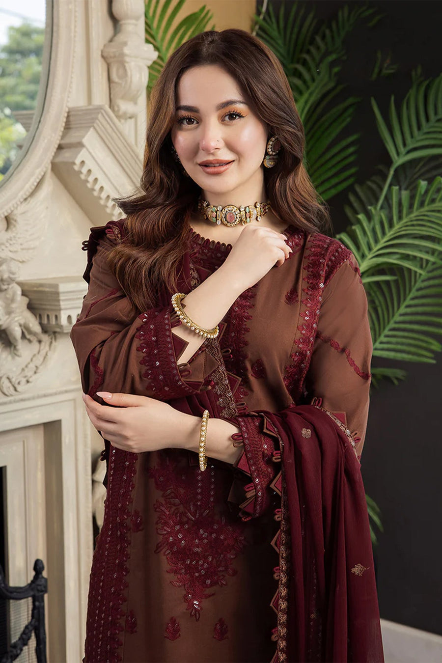 Lawn Embroidered Shirt with Sitari Work Lawn Embroidered Sleeves with Sitari Work Chiffon Embroidered Dupatta with Sitari Work Lawn Trouser Unstitched 3PC Dress