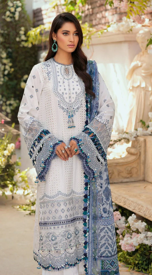 MARIA B - 3PC LAWN EMBROIDERED CHIKANKARI SHIRT WITH PRINTED DUPATTA AND TROUSER