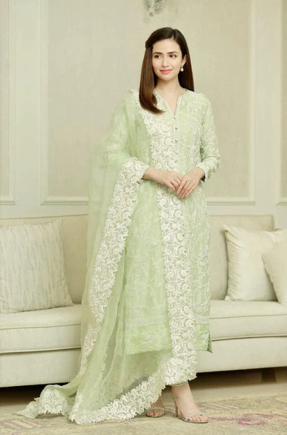 BAREEZE - 3PC LINEN HEAVY EMBROIDERED SHIRT WITH ORGANZA EMBROIDERED DUPATTA