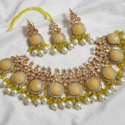 Gold Kundan Choker Set with Earrings & Mang Tikka"