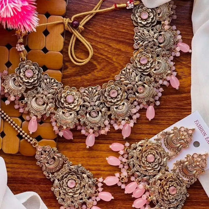 **"Antique Gold Floral Choker Set with Earrings & Maang Tikka"**