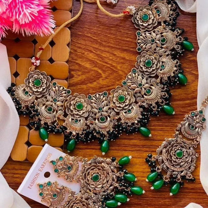 **"Antique Gold Floral Choker Set with Earrings & Maang Tikka"**