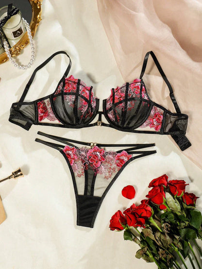 Luxury Floral Embroidery Mesh Lingerie Set