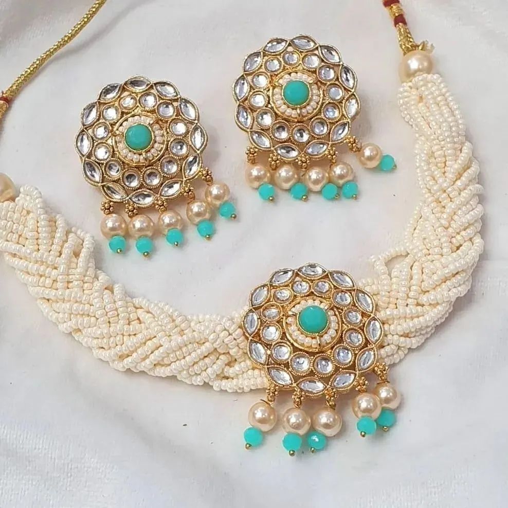 "Pearl & Kundan Braided Choker Set with Earrings"