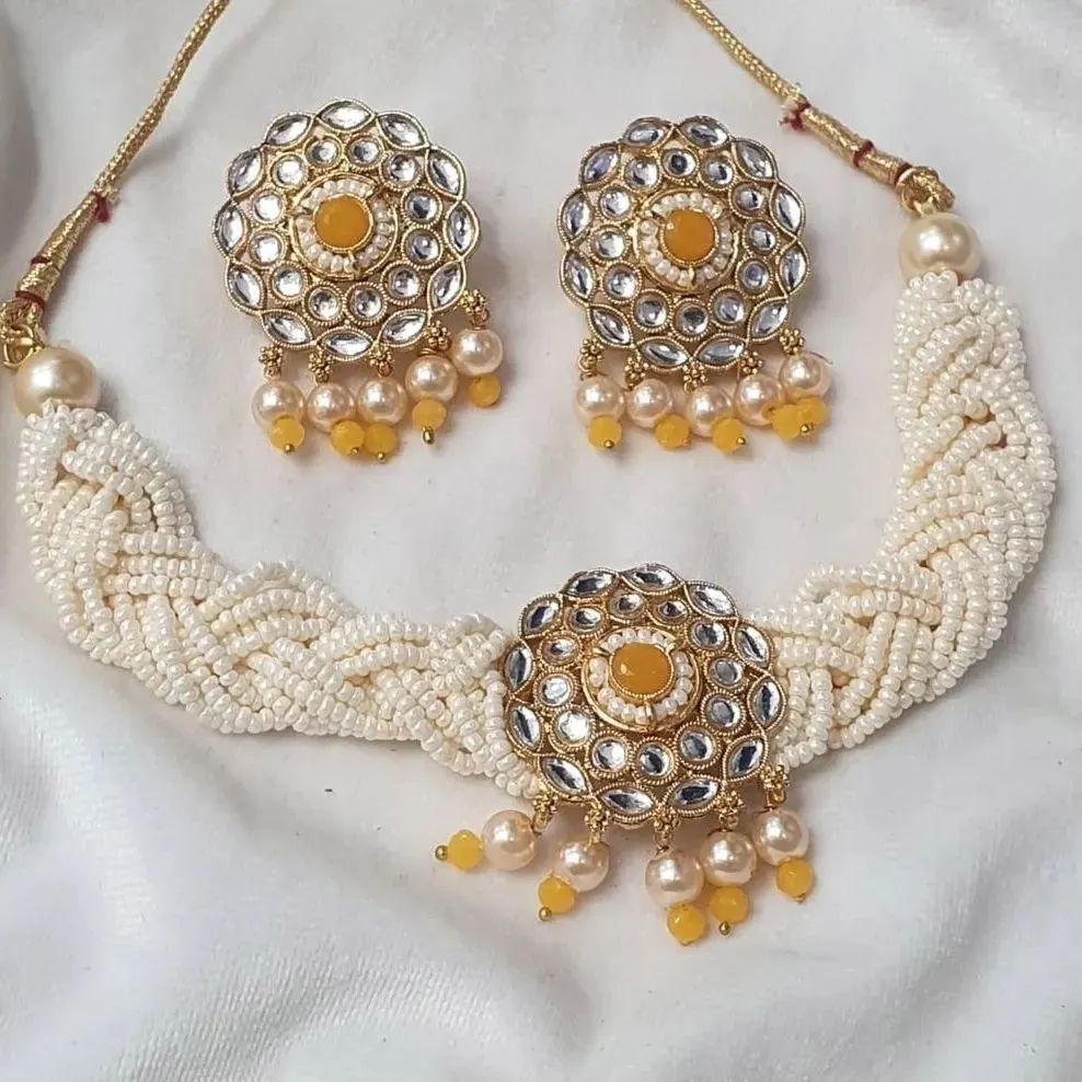 "Pearl & Kundan Braided Choker Set with Earrings"