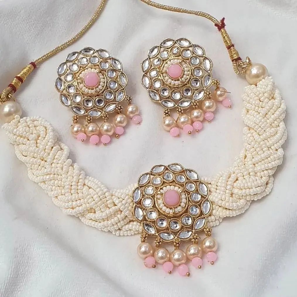 "Pearl & Kundan Braided Choker Set with Earrings"