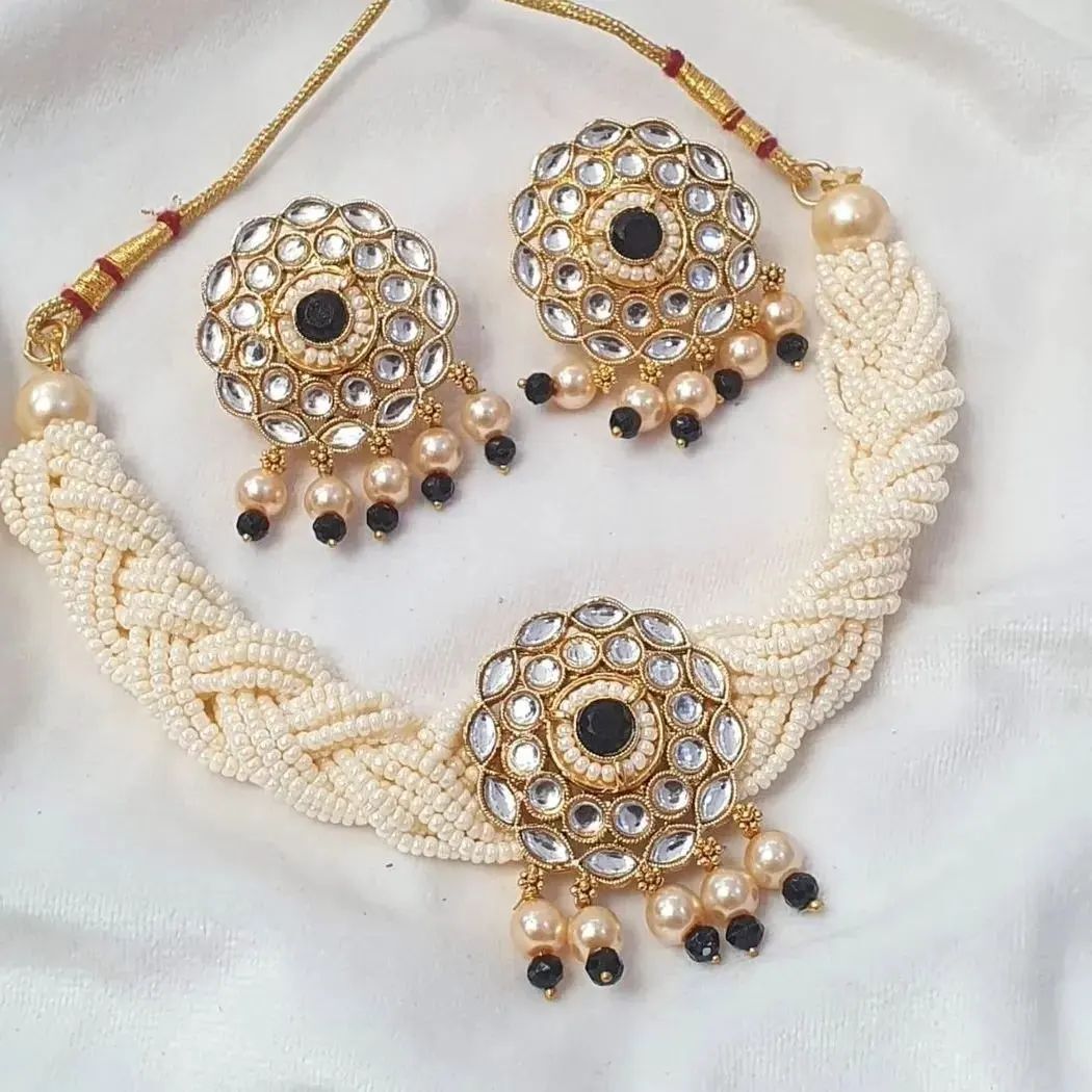 "Pearl & Kundan Braided Choker Set with Earrings"