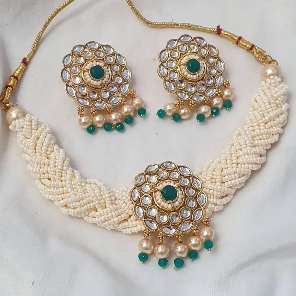 "Pearl & Kundan Braided Choker Set with Earrings"