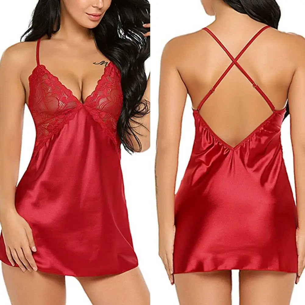 Sexy Imitation Ice Silk Back Cross Halter Lace Nightwear