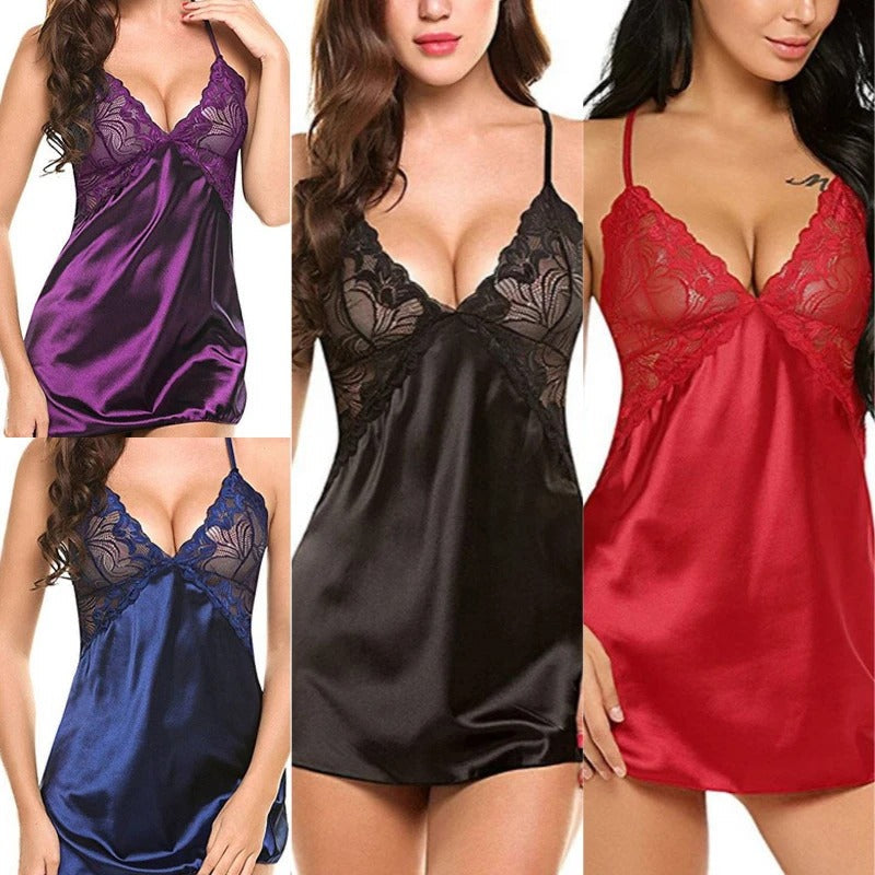 Sexy Imitation Ice Silk Back Cross Halter Lace Nightwear